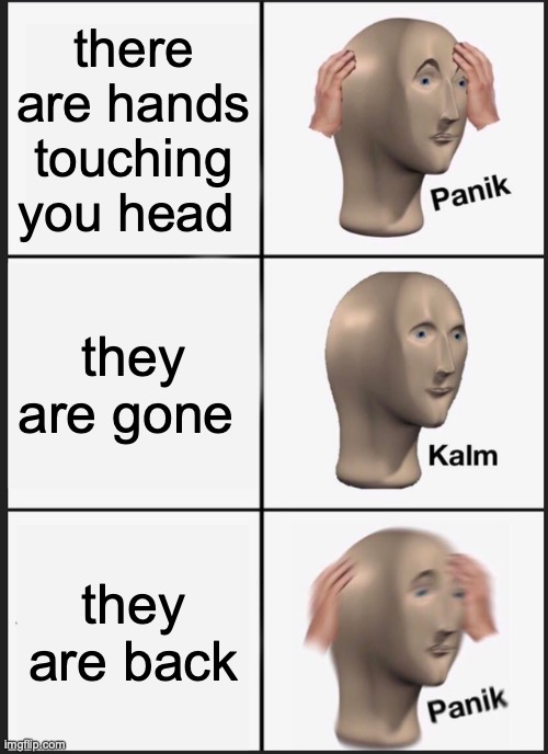 Panik Kalm Panik | there are hands touching you head; they are gone; they are back | image tagged in memes,panik kalm panik | made w/ Imgflip meme maker