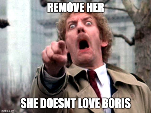 Screaming Donald Sutherland | REMOVE HER; SHE DOESNT LOVE BORIS | image tagged in screaming donald sutherland | made w/ Imgflip meme maker