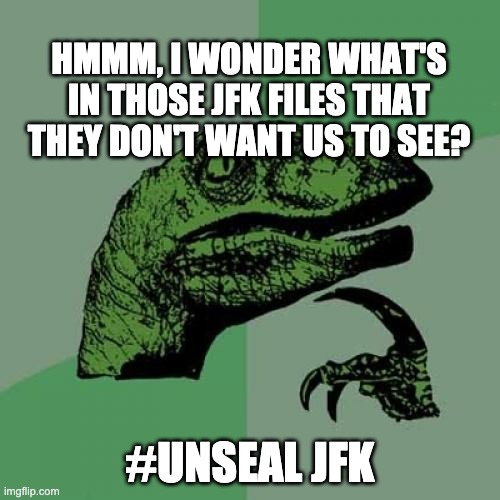 Philosoraptor Meme | HMMM, I WONDER WHAT'S IN THOSE JFK FILES THAT THEY DON'T WANT US TO SEE? #UNSEAL JFK | image tagged in memes,philosoraptor | made w/ Imgflip meme maker