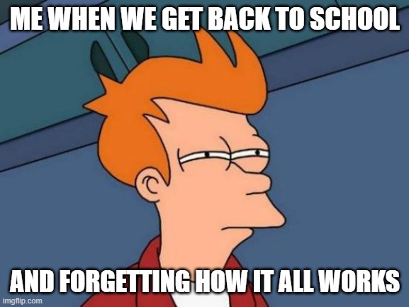 COVID-19 DISTANCE LEARING | ME WHEN WE GET BACK TO SCHOOL; AND FORGETTING HOW IT ALL WORKS | image tagged in memes,futurama fry | made w/ Imgflip meme maker