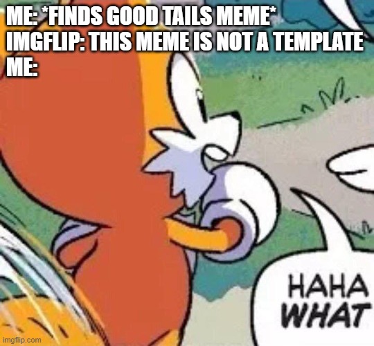 EVERY SINGLE TIME | ME: *FINDS GOOD TAILS MEME*
IMGFLIP: THIS MEME IS NOT A TEMPLATE
ME: | image tagged in haha what,tails | made w/ Imgflip meme maker