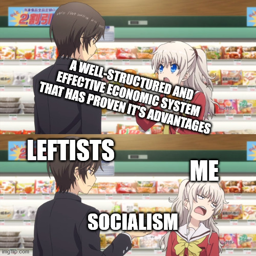 Socialism sucks | A WELL-STRUCTURED AND EFFECTIVE ECONOMIC SYSTEM THAT HAS PROVEN IT'S ADVANTAGES; LEFTISTS; ME; SOCIALISM | image tagged in charlotte anime,memes,politics | made w/ Imgflip meme maker