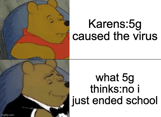 True or what | Karens:5g caused the virus; what 5g thinks:no i just ended school | image tagged in memes,tuxedo winnie the pooh | made w/ Imgflip meme maker