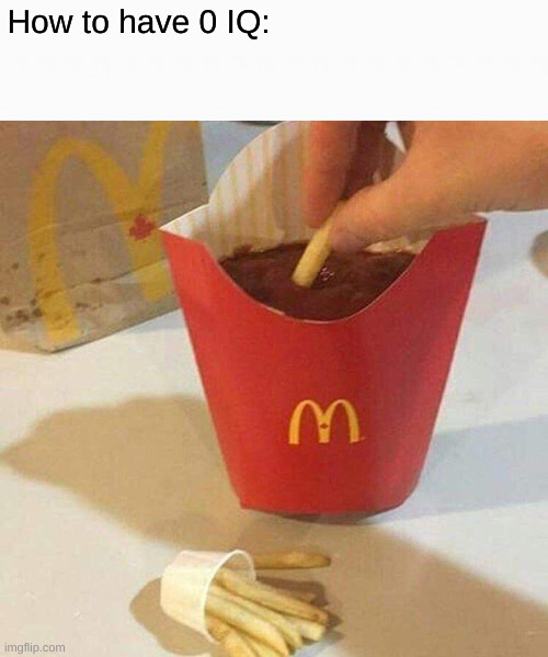 just for the sake of god whhhhhy? | How to have 0 IQ: | image tagged in mcdonalds,french fries,ketchup | made w/ Imgflip meme maker