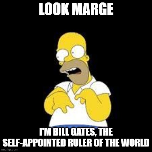 Bill Gates Homer | LOOK MARGE; I'M BILL GATES, THE SELF-APPOINTED RULER OF THE WORLD | image tagged in look marge | made w/ Imgflip meme maker