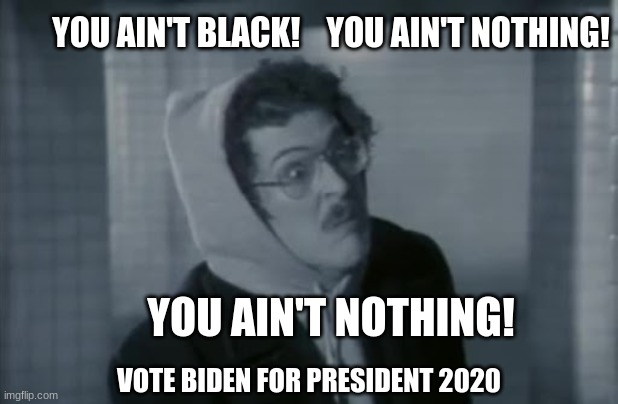 You ain't black | YOU AIN'T BLACK!    YOU AIN'T NOTHING! YOU AIN'T NOTHING! VOTE BIDEN FOR PRESIDENT 2020 | image tagged in joe biden,gaffe,you ain't black,america | made w/ Imgflip meme maker