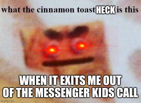 what the cinnamon toast f^%$ is this | HECK; WHEN IT EXITS ME OUT OF THE MESSENGER KIDS CALL | image tagged in what the cinnamon toast f is this | made w/ Imgflip meme maker