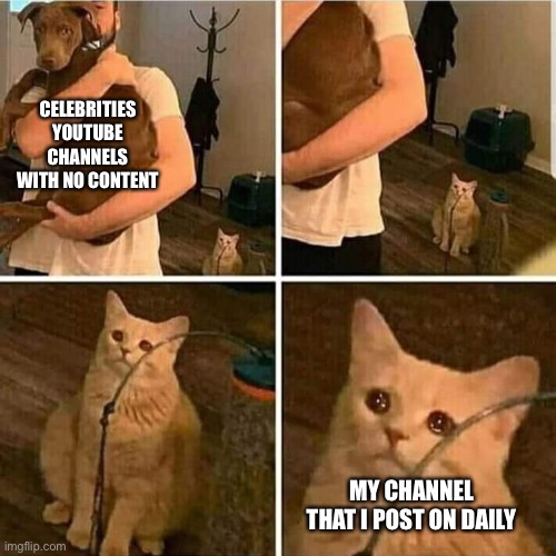 Sad Cat Holding Dog | CELEBRITIES YOUTUBE CHANNELS WITH NO CONTENT; MY CHANNEL THAT I POST ON DAILY | image tagged in sad cat holding dog | made w/ Imgflip meme maker
