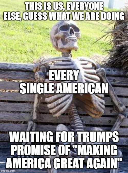 America, We are the Besworst? Huh? Hm... | THIS IS US, EVERYONE ELSE, GUESS WHAT WE ARE DOING; EVERY SINGLE AMERICAN; WAITING FOR TRUMPS PROMISE OF ''MAKING AMERICA GREAT AGAIN'' | image tagged in memes,waiting skeleton | made w/ Imgflip meme maker