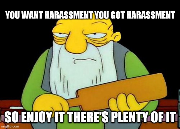 That's a paddlin' Meme | YOU WANT HARASSMENT YOU GOT HARASSMENT; SO ENJOY IT THERE'S PLENTY OF IT | image tagged in memes,that's a paddlin',harassment,savage memes | made w/ Imgflip meme maker