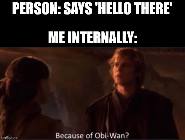 Because of Obi-Wan? | PERSON: SAYS 'HELLO THERE'; ME INTERNALLY: | image tagged in because of obi-wan | made w/ Imgflip meme maker