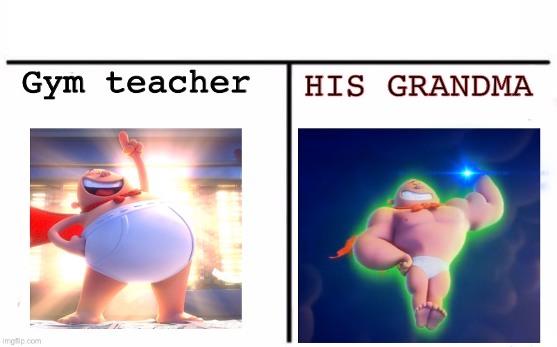 They gym teacher’s grandma do be buff doe | Gym teacher; HIS GRANDMA | image tagged in memes,who would win | made w/ Imgflip meme maker