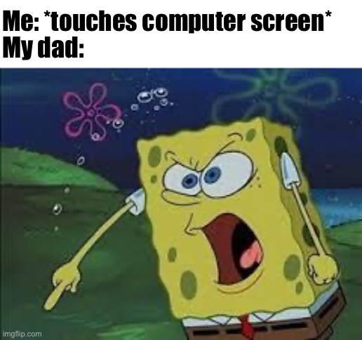 Computer screens | Me: *touches computer screen*; My dad: | image tagged in spongebob screaming | made w/ Imgflip meme maker