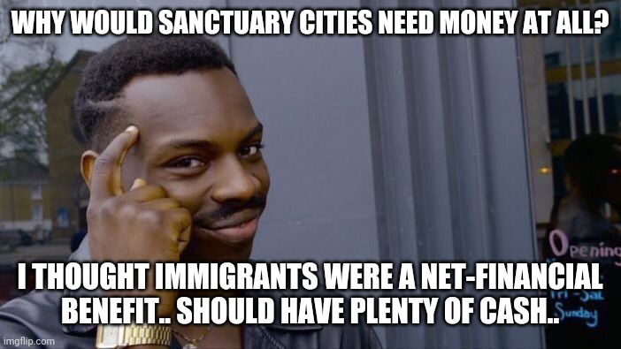 Roll Safe Think About It Meme | WHY WOULD SANCTUARY CITIES NEED MONEY AT ALL? I THOUGHT IMMIGRANTS WERE A NET-FINANCIAL BENEFIT.. SHOULD HAVE PLENTY OF CASH.. | image tagged in memes,roll safe think about it | made w/ Imgflip meme maker