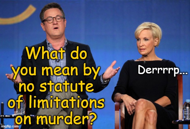 This should make for interesting pillow talk. | What do you mean by no statute of limitations on murder? Derrrrp... | image tagged in mika bombed,scarborough,ms-nbc | made w/ Imgflip meme maker