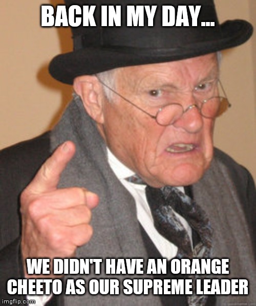 Back In My Day | BACK IN MY DAY... WE DIDN'T HAVE AN ORANGE CHEETO AS OUR SUPREME LEADER | image tagged in memes,back in my day | made w/ Imgflip meme maker