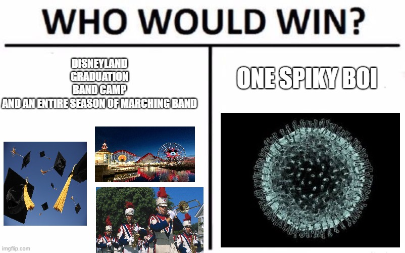 Band meme | DISNEYLAND
GRADUATION
BAND CAMP
AND AN ENTIRE SEASON OF MARCHING BAND; ONE SPIKY BOI | image tagged in memes,who would win | made w/ Imgflip meme maker