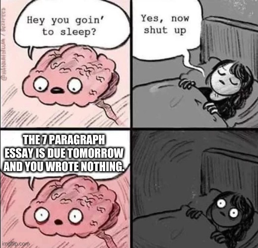 School be like | THE 7 PARAGRAPH ESSAY IS DUE TOMORROW AND YOU WROTE NOTHING. | image tagged in waking up brain | made w/ Imgflip meme maker