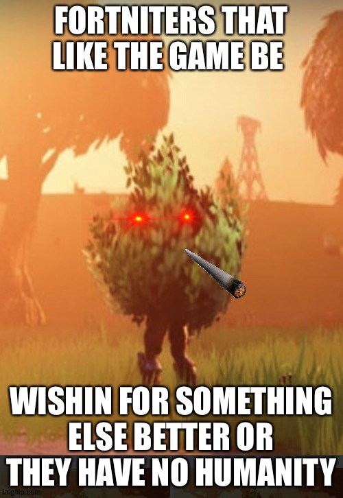 Fortnite bush | FORTNITERS THAT LIKE THE GAME BE; WISHIN FOR SOMETHING ELSE BETTER OR THEY HAVE NO HUMANITY | image tagged in fortnite bush | made w/ Imgflip meme maker