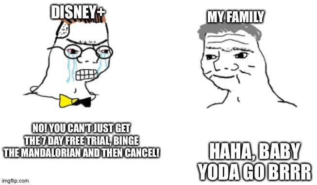 No you Can't Just | DISNEY+; MY FAMILY; NO! YOU CAN'T JUST GET THE 7 DAY FREE TRIAL, BINGE THE MANDALORIAN AND THEN CANCEL! HAHA, BABY YODA GO BRRR | image tagged in no you can't just | made w/ Imgflip meme maker