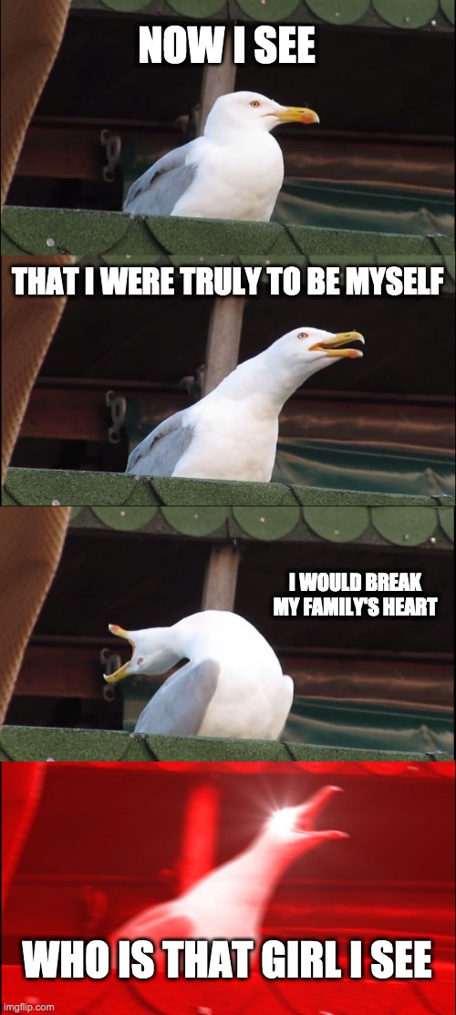 Inhaling Seagull Meme | NOW I SEE; THAT I WERE TRULY TO BE MYSELF; I WOULD BREAK MY FAMILY'S HEART; WHO IS THAT GIRL I SEE | image tagged in memes,inhaling seagull | made w/ Imgflip meme maker