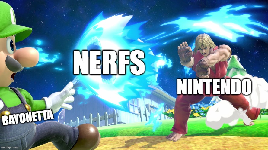 Now to discuss the biggest nerf in smash history! | NERFS; NINTENDO; BAYONETTA | image tagged in luigi,super smash bros,bayonetta,nerf,nintendo | made w/ Imgflip meme maker