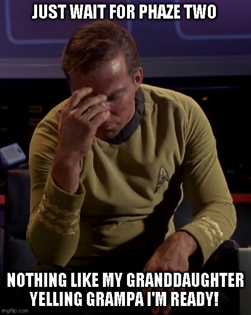 Kirk face palm | JUST WAIT FOR PHAZE TWO NOTHING LIKE MY GRANDDAUGHTER YELLING GRAMPA I'M READY! | image tagged in kirk face palm | made w/ Imgflip meme maker