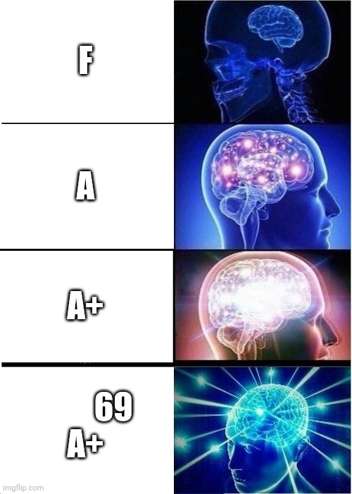 School | F; A; A+; 69
A+ | image tagged in memes,expanding brain | made w/ Imgflip meme maker