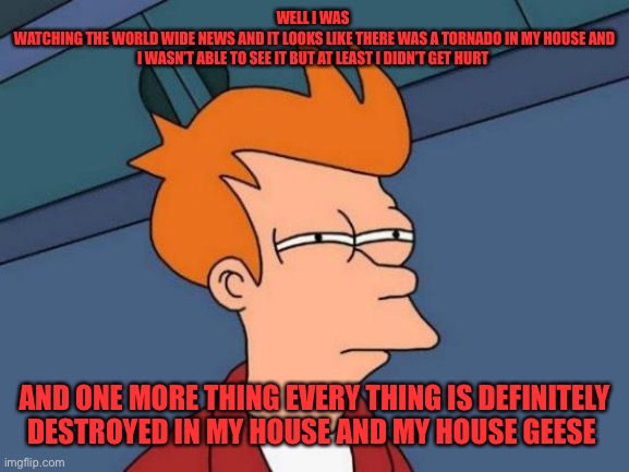 Futurama Fry Meme | WELL I WAS 
WATCHING THE WORLD WIDE NEWS AND IT LOOKS LIKE THERE WAS A TORNADO IN MY HOUSE AND I WASN’T ABLE TO SEE IT BUT AT LEAST I DIDN’T GET HURT; AND ONE MORE THING EVERY THING IS DEFINITELY DESTROYED IN MY HOUSE AND MY HOUSE GEESE | image tagged in memes,futurama fry | made w/ Imgflip meme maker