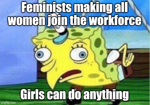 Mocking Spongebob | Feminists making all women join the workforce; Girls can do anything | image tagged in memes,mocking spongebob | made w/ Imgflip meme maker