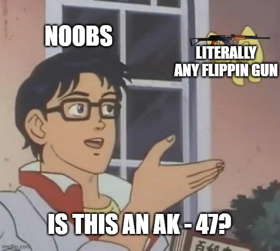 Is this a meme? | NOOBS; LITERALLY ANY FLIPPIN GUN; IS THIS AN AK - 47? | image tagged in memes,is this a pigeon | made w/ Imgflip meme maker