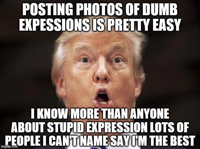 Crazy Trump | POSTING PHOTOS OF DUMB EXPESSIONS IS PRETTY EASY I KNOW MORE THAN ANYONE ABOUT STUPID EXPRESSION LOTS OF PEOPLE I CAN'T NAME SAY I'M THE BES | image tagged in crazy trump | made w/ Imgflip meme maker