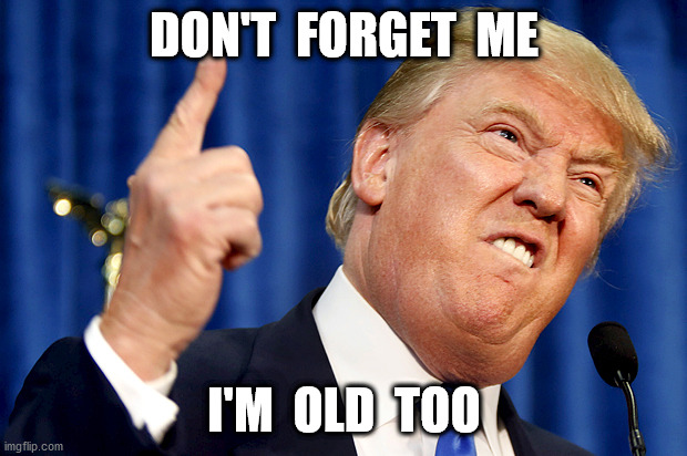 Donald Trump | DON'T  FORGET  ME I'M  OLD  TOO | image tagged in donald trump | made w/ Imgflip meme maker