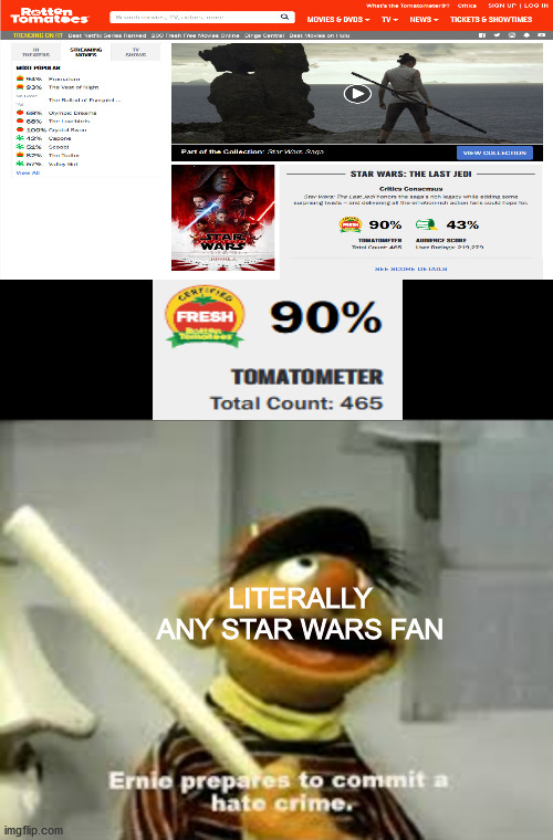 Why does The Last Jedi have good reviews!?!? |  LITERALLY ANY STAR WARS FAN | image tagged in ernie prepares to commit a hate crime,star wars,the last jedi,disney star wars,disney | made w/ Imgflip meme maker