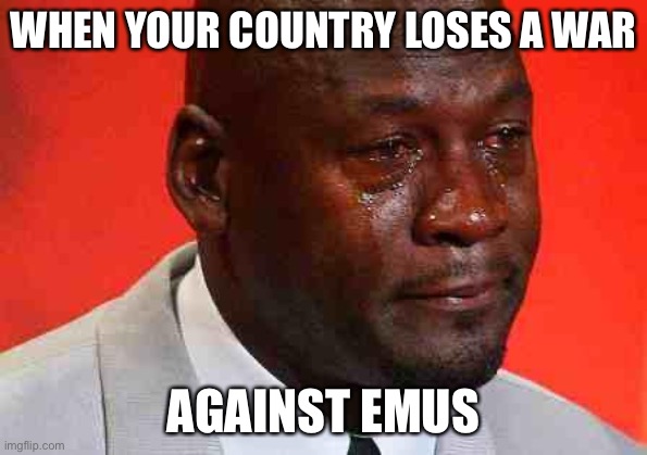 my country lost a war against emus |  WHEN YOUR COUNTRY LOSES A WAR; AGAINST EMUS | image tagged in crying michael jordan | made w/ Imgflip meme maker