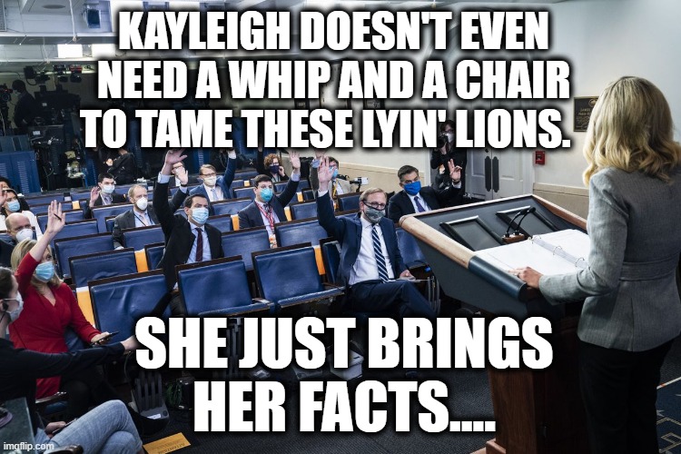 Kayleigh Babysitting Triggered Brats (aka 'PRESS') | KAYLEIGH DOESN'T EVEN NEED A WHIP AND A CHAIR TO TAME THESE LYIN' LIONS. SHE JUST BRINGS HER FACTS.... | image tagged in politics,political humor,political,liberals | made w/ Imgflip meme maker