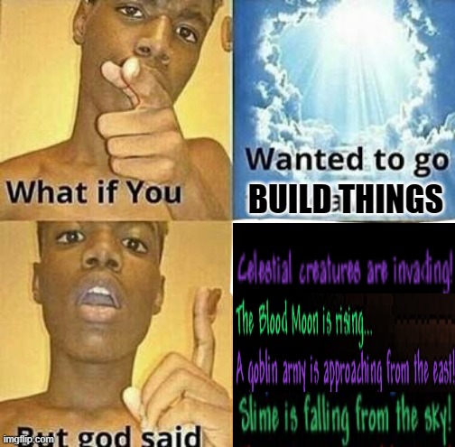 What if you wanted to build things? | BUILD THINGS | image tagged in terraria,what if you wanted to go to heaven | made w/ Imgflip meme maker