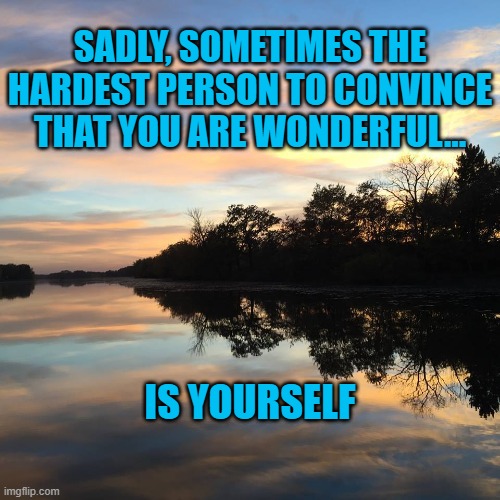 Sadly, Sometimes the hardest person to convince that you are wonderful is yourself | SADLY, SOMETIMES THE HARDEST PERSON TO CONVINCE THAT YOU ARE WONDERFUL... IS YOURSELF | image tagged in memes,your are wonderful,you are worth the effort,you are loved,you deserve love,love yourself | made w/ Imgflip meme maker