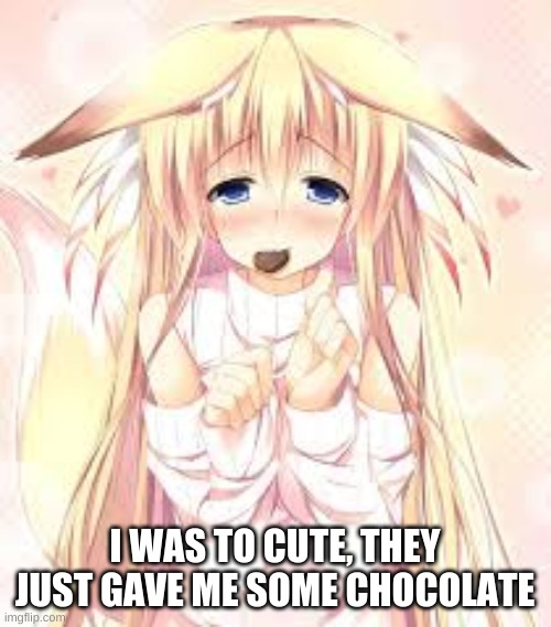 cute fox girl | I WAS TO CUTE, THEY JUST GAVE ME SOME CHOCOLATE | image tagged in cute fox girl | made w/ Imgflip meme maker