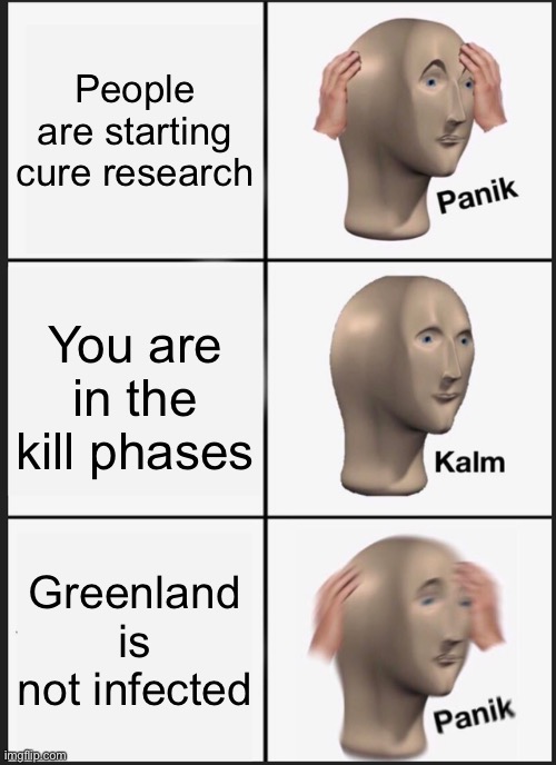 Panik Kalm Panik | People are starting cure research; You are in the kill phases; Greenland is not infected | image tagged in memes,panik kalm panik,pc gaming,plague inc | made w/ Imgflip meme maker
