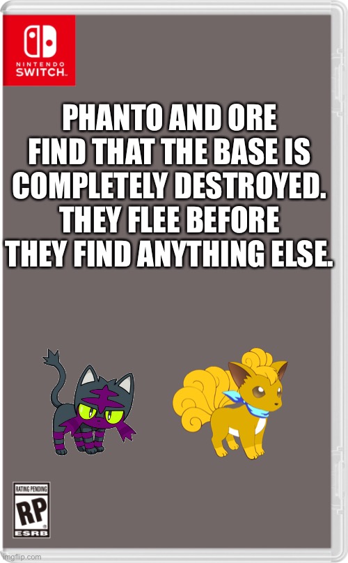 They thought the guy who destroyed it was still there | PHANTO AND ORE FIND THAT THE BASE IS COMPLETELY DESTROYED. THEY FLEE BEFORE THEY FIND ANYTHING ELSE. | image tagged in nintendo switch cartridge case | made w/ Imgflip meme maker