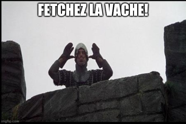 French Taunting in Monty Python's Holy Grail | FETCHEZ LA VACHE! | image tagged in french taunting in monty python's holy grail | made w/ Imgflip meme maker
