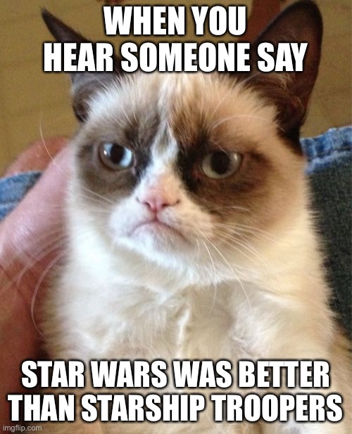 Grumpy Cat | WHEN YOU HEAR SOMEONE SAY; STAR WARS WAS BETTER THAN STARSHIP TROOPERS | image tagged in memes,grumpy cat | made w/ Imgflip meme maker