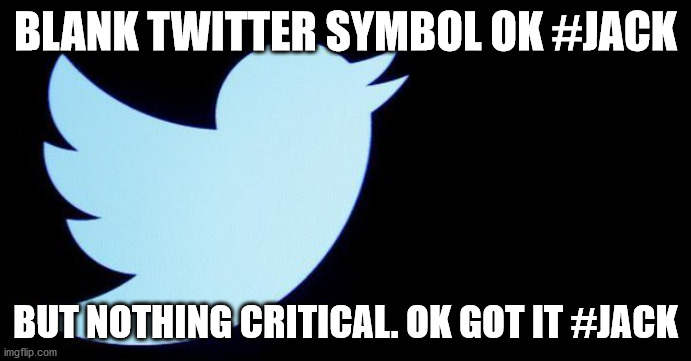 BLANK TWITTER SYMBOL OK #JACK; BUT NOTHING CRITICAL. OK GOT IT #JACK | image tagged in political meme | made w/ Imgflip meme maker