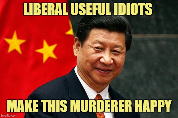 Xi Jinping | LIBERAL USEFUL IDIOTS MAKE THIS MURDERER HAPPY | image tagged in xi jinping | made w/ Imgflip meme maker