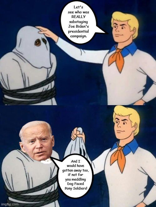And the real culprit is revealed. | Let's see who was REALLY sabotaging Joe Biden's presidential campaign. And I would have gotten away too, if not for you meddling Dog Faced  Pony Soldiers! | image tagged in scooby doo mask reveal,memes,joe biden | made w/ Imgflip meme maker