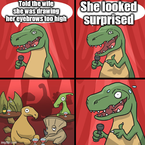 bad joke trex | Told the wife she was drawing her eyebrows too high She looked surprised | image tagged in bad joke trex | made w/ Imgflip meme maker