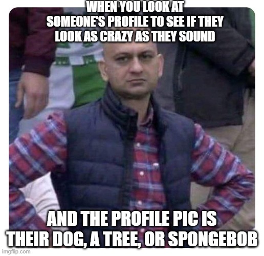 Dissatisfied Pak Fan | WHEN YOU LOOK AT SOMEONE'S PROFILE TO SEE IF THEY LOOK AS CRAZY AS THEY SOUND; AND THE PROFILE PIC IS THEIR DOG, A TREE, OR SPONGEBOB | image tagged in dissatisfied pak fan | made w/ Imgflip meme maker