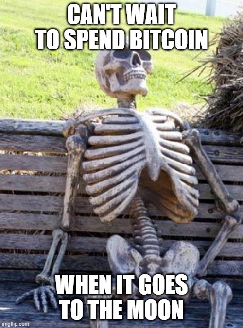 Waiting Skeleton Meme | CAN'T WAIT TO SPEND BITCOIN; WHEN IT GOES TO THE MOON | image tagged in memes,waiting skeleton | made w/ Imgflip meme maker