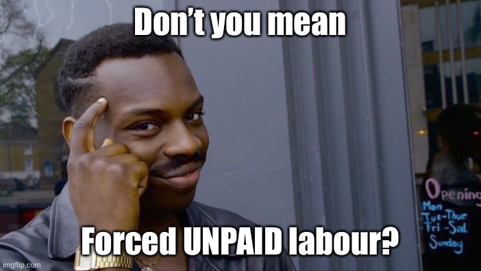 Roll Safe Think About It Meme | Don’t you mean Forced UNPAID labour? | image tagged in memes,roll safe think about it | made w/ Imgflip meme maker